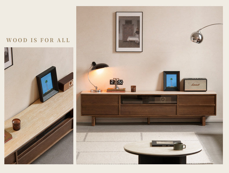 Black Walnut Solid Wood Luxury Style TV Cabinet with Slab Top and Storage