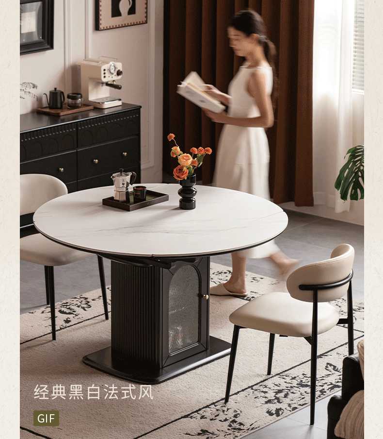 Rubberwood Solid Round Extendable Pedestal Dining Table with Stone Top and Storage Base