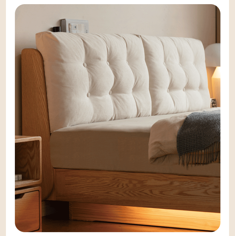 Oak Solid Wood with Upholstered Headboard Luminous Box Bed Cream Style