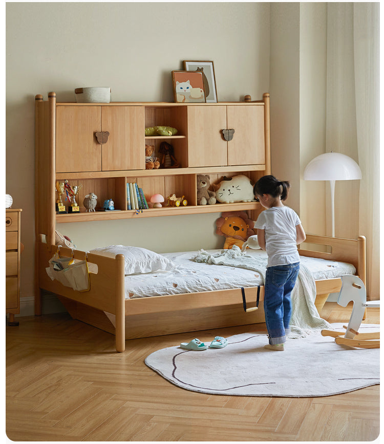Oak Solid Wood Kids Storage Bed with Built-In Bookcase Headboard and Lift Storage