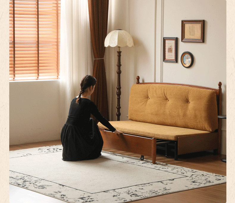 Poplar Solid Wood Telescopic French Vintage Sitting and Sleeping Dual purpose Sofa