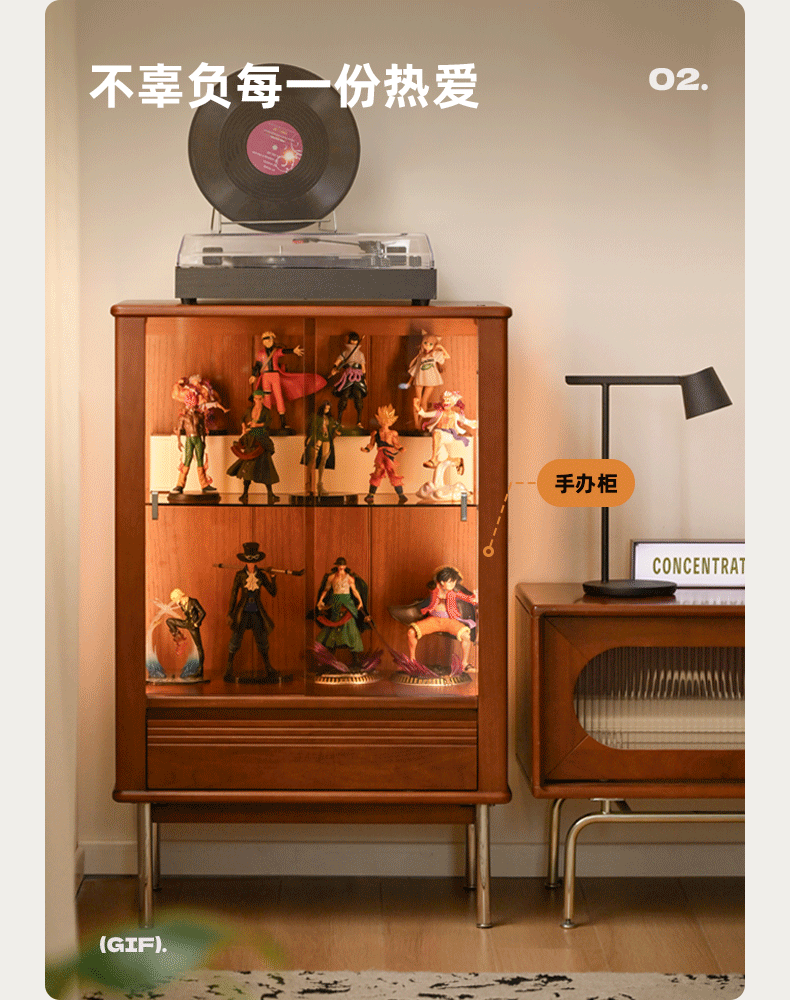Poplar Solid Wood American Retro Glass Side Cabinet