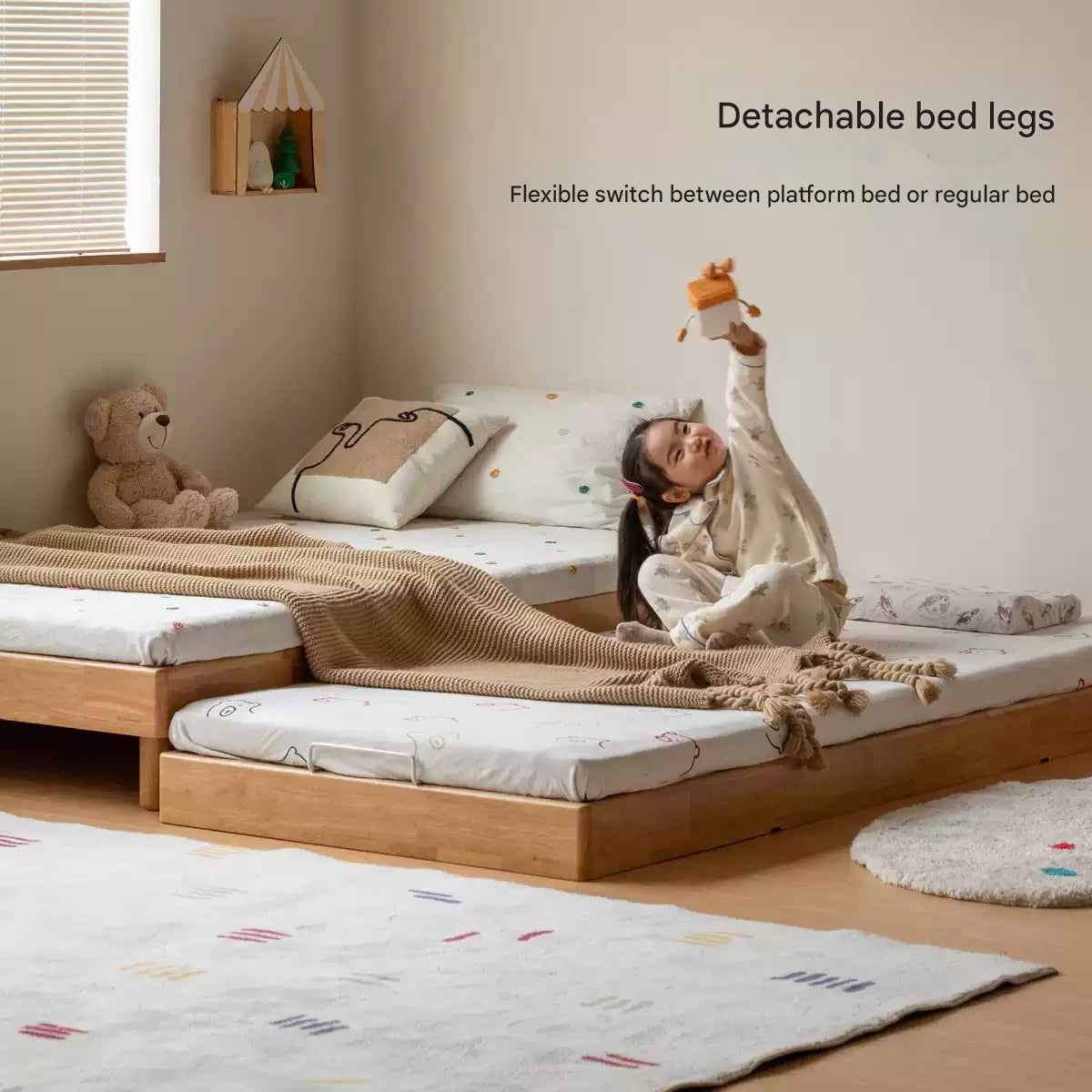 Rubberwood Solid Wood Mother-and-child platform bed, headboard-free bed