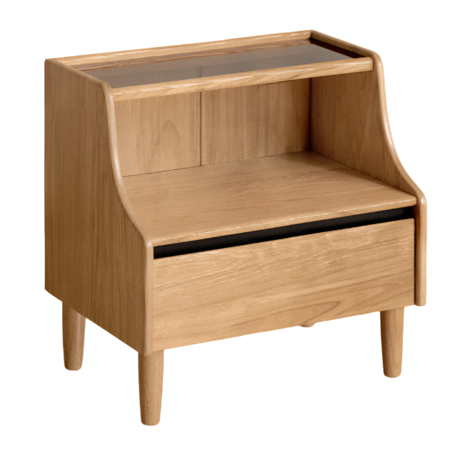 Solid RubberWood, Oak Solid Wood Nightstand with Glass Door with Storage