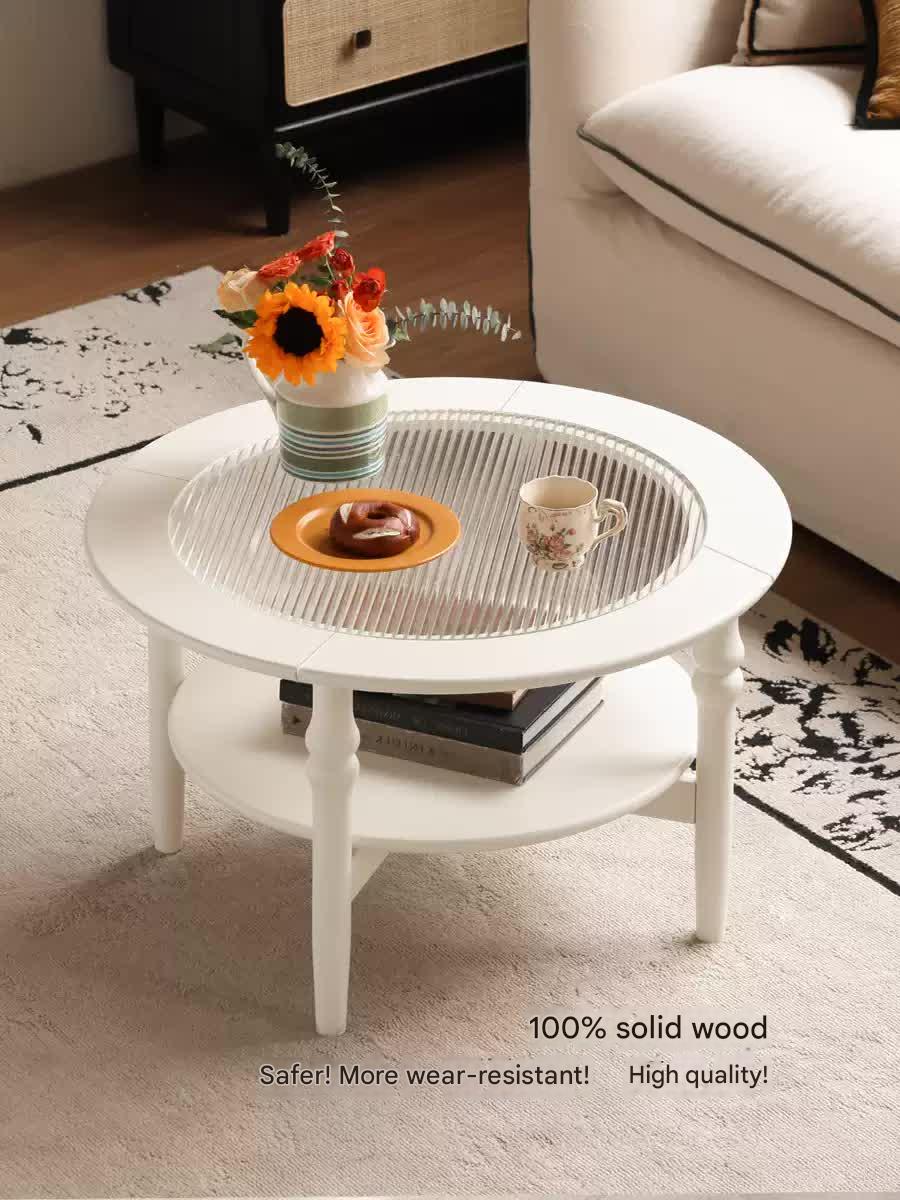 Rubber Solid Wood French Cream Style Glass Coffee Table