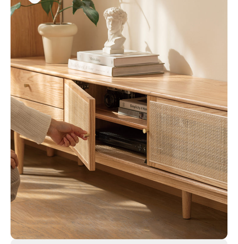 Oak Solid Wood Rattan TV Cabinet