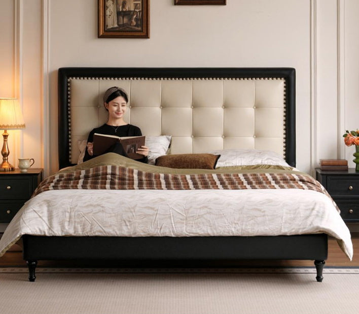 Luxury Genuine Leather Soft Headboard Bed, American Style Riveted Bed