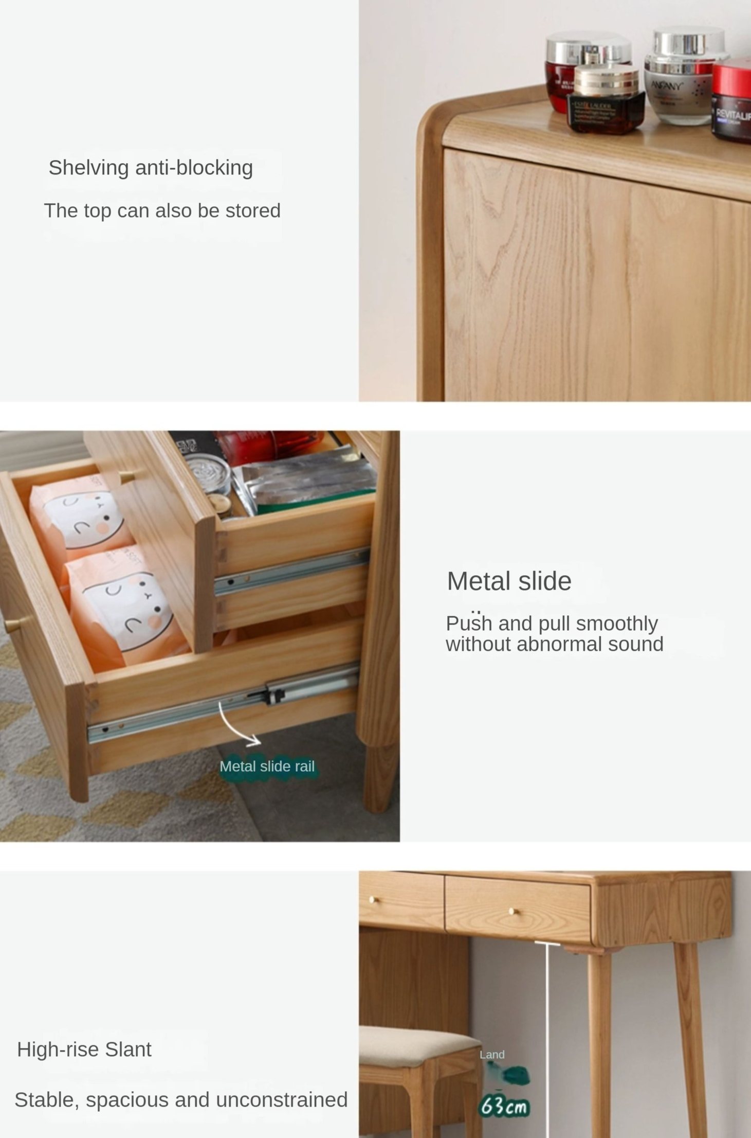 Ash Solid Wood Vanity Table with Mirror Shelf & Flip Cover.