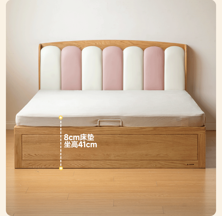 Oak Solid Wood Kids Bed with Adjustable Channel-Tufted Headboard and Gas-Lift Storage