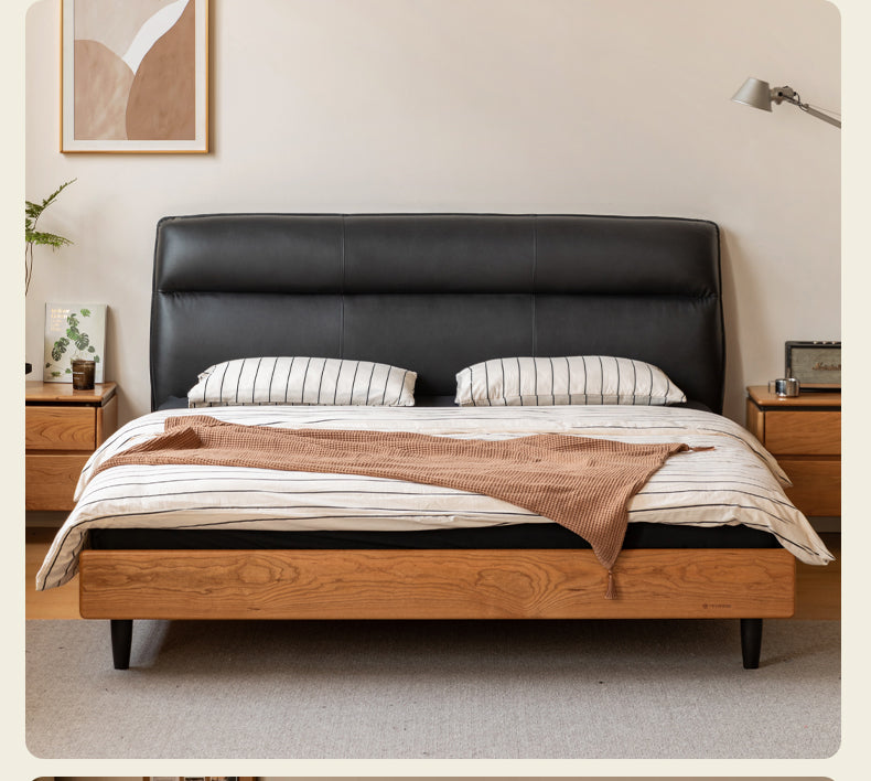 Cherry Solid Wood Suspended Leather Soft Bed Light Luxury.