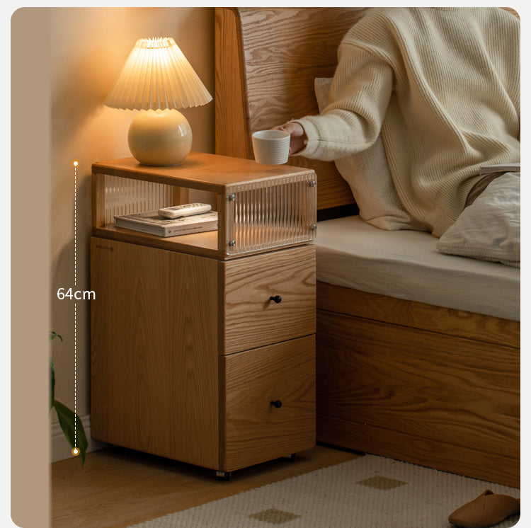 Oak Solid Wood wheel nightstand Narrow with Light)