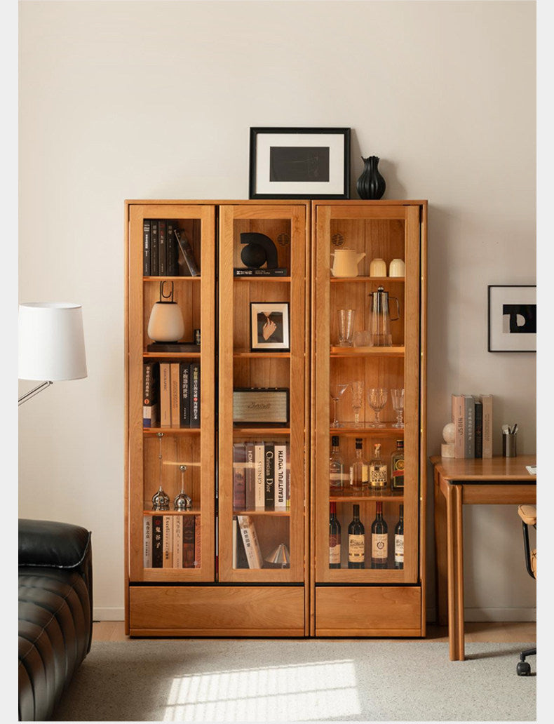 Cherry Solid Wood Bookcase with Glass Display Cabinets
