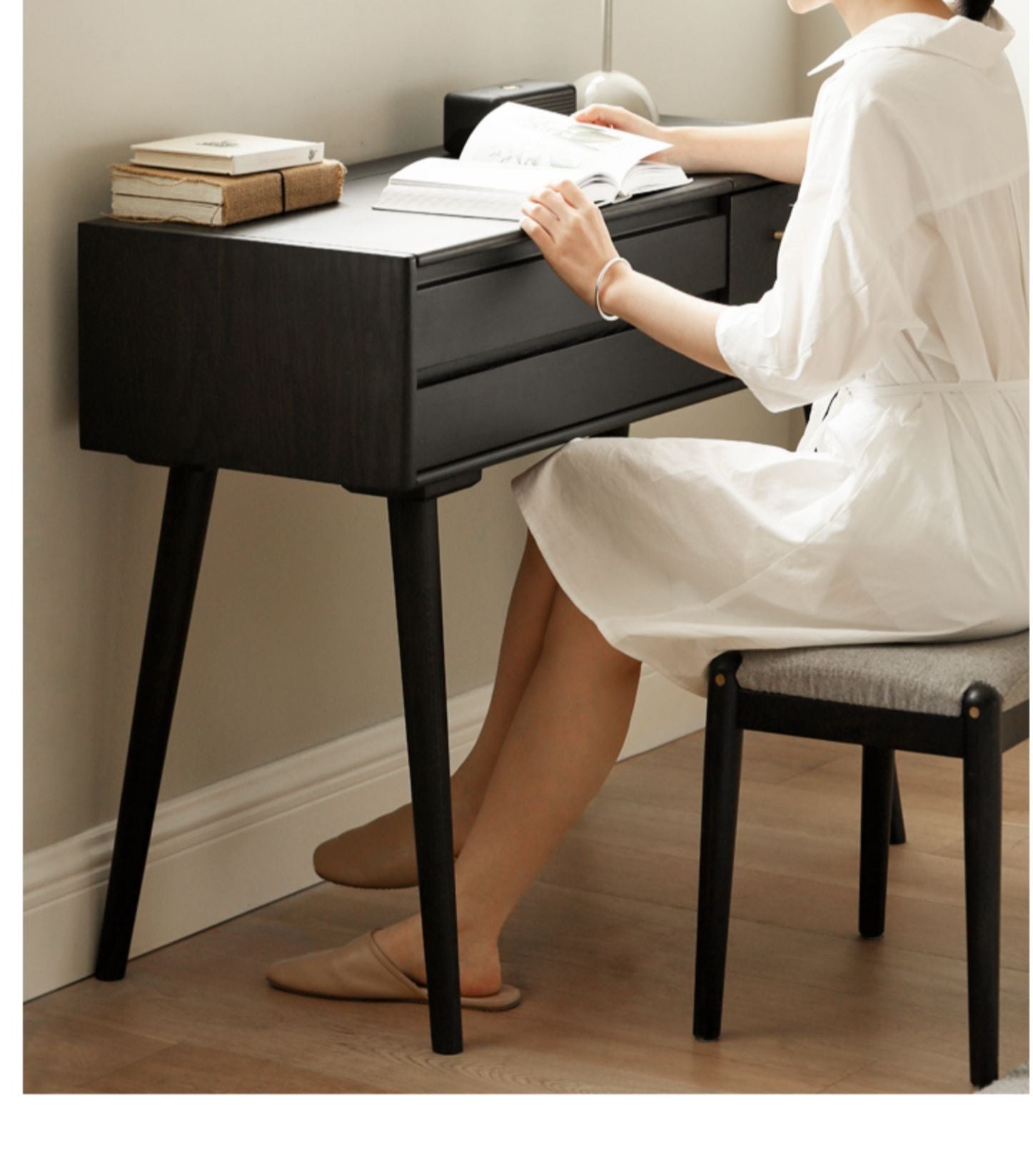 Oak Solid Wood Black Makeup Table Mirror LED Touch.