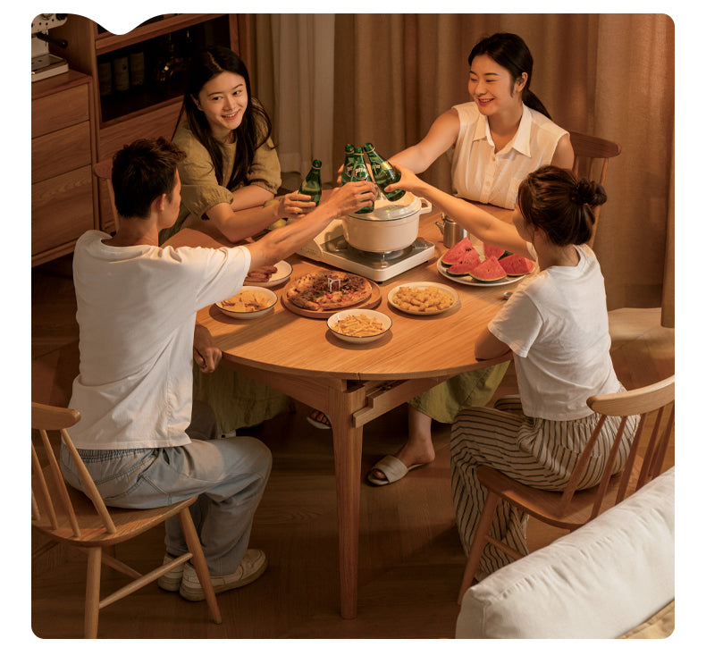 Solid Rubberwood, Oak Solid Wood Folding Round Retractable Dining Table