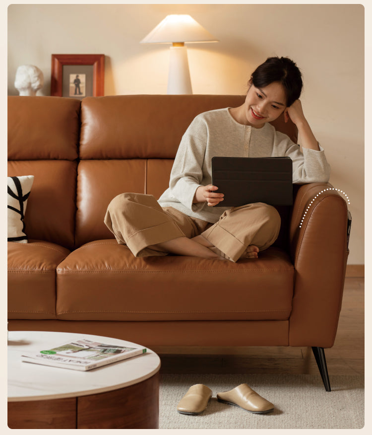 First-layer Yellow Cowhide Leather Sofa Light Luxury Italian Style.