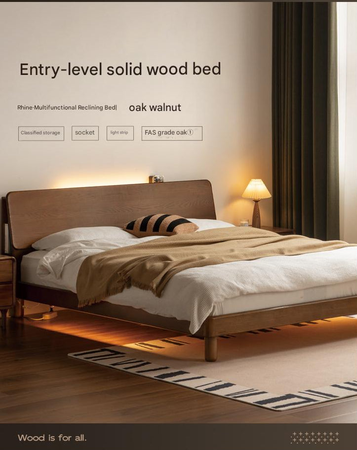 Oak solid wood bed with light, storage space