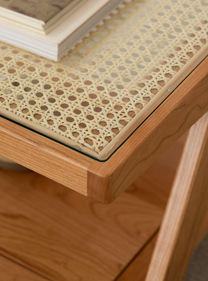 Cherry Solid Wood Modern Rattan Glass Tea Table