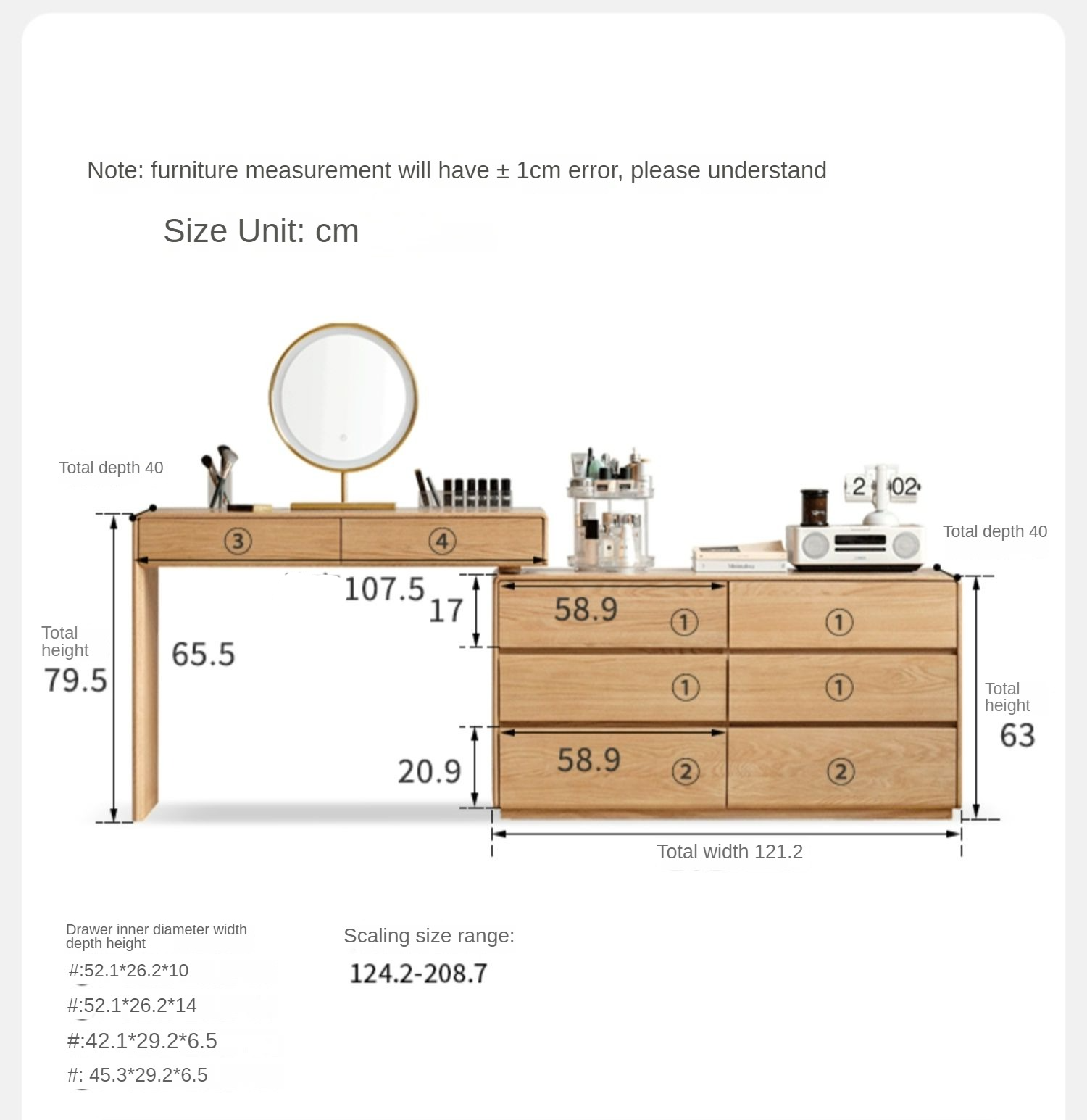 Oak, Ash Solid Wood Retractable Vanity Table Storage Cabinet.