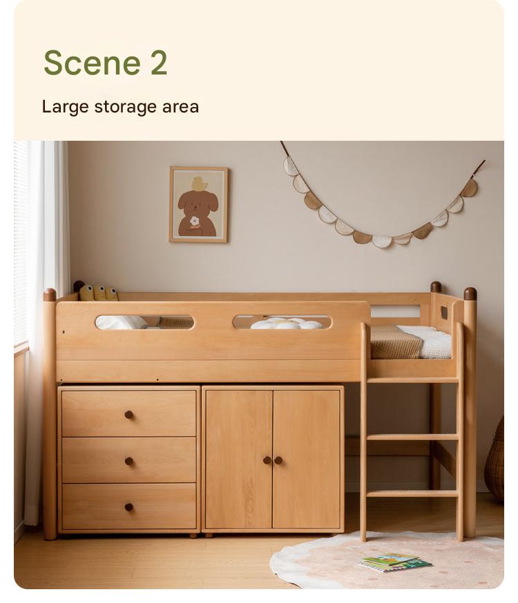 Beech Nordic Children's Solid Wood Loft Bed, Modern Minimalist Multifunctional Combination Bed with Table