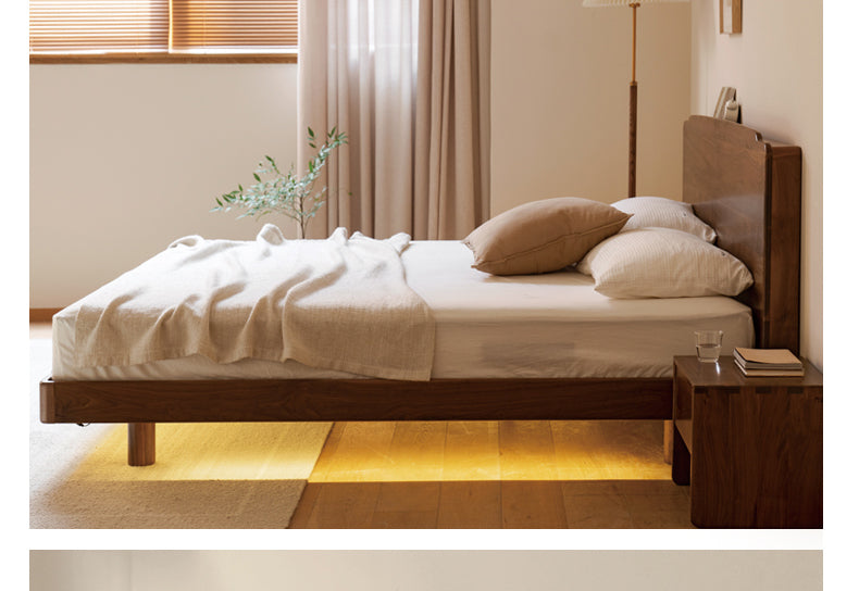 Black Walnut, Ash Solid Wood Big Bed with Light