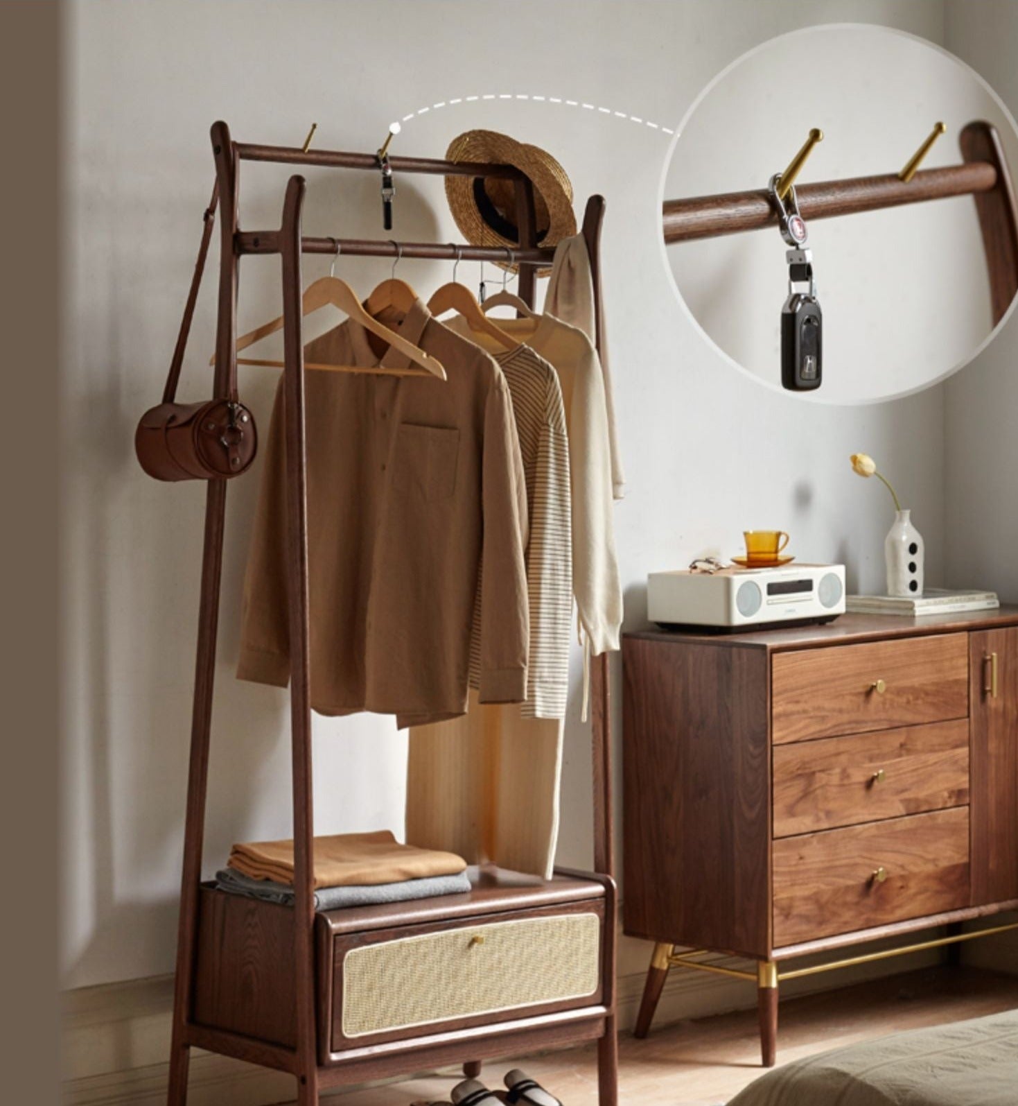 Oak Solid Wood Rattan Hanger Multi-Functional Coat Rack