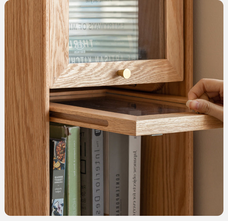 Oak Solid Wood Bookcase Corner Glass Flip Door