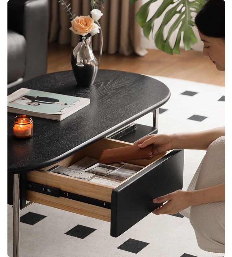 Oak Solid Wood Black Oval Coffee Table