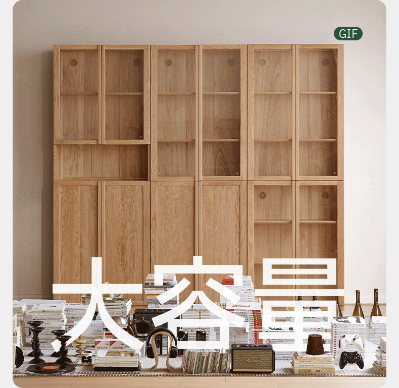 Oak Solid Wood Bookcase with Glass Doors, Large Oak Storage Cabinet for Living Room Display