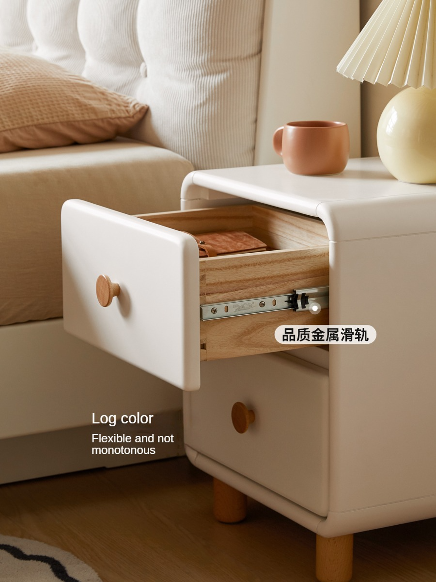 Solid Rubberwood Nightstand Cream Style White Cabinet.
