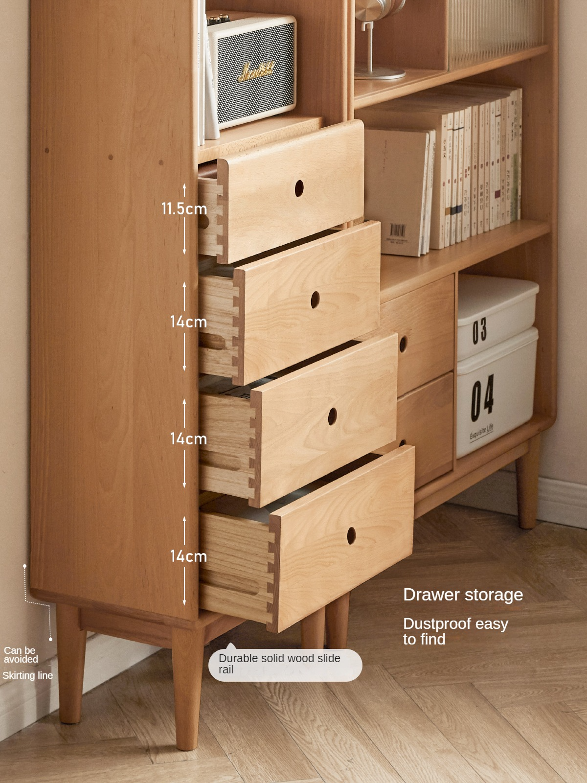 Beech Solid Wood Bookcase with Spacious Cabinet Storage