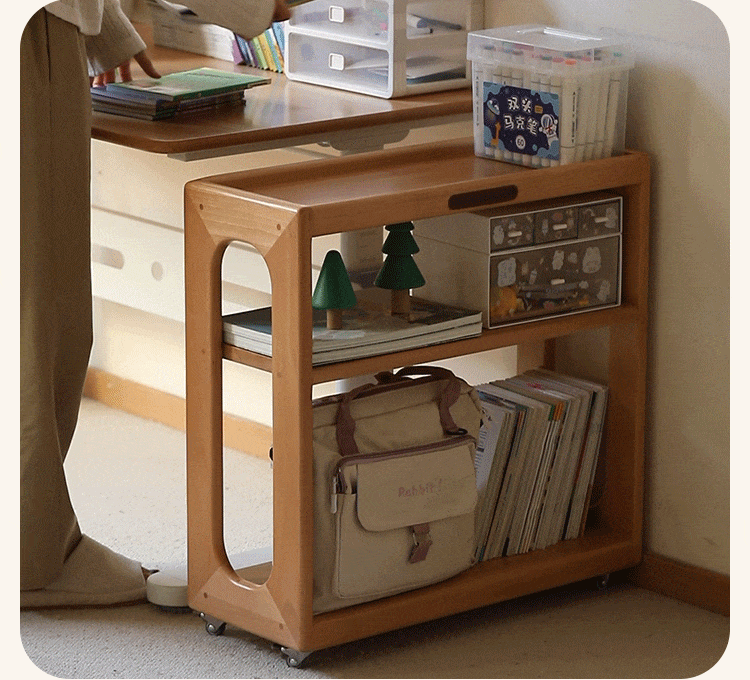 Beech Solid Wood Children's Under-Table Bookshelf with Wheels