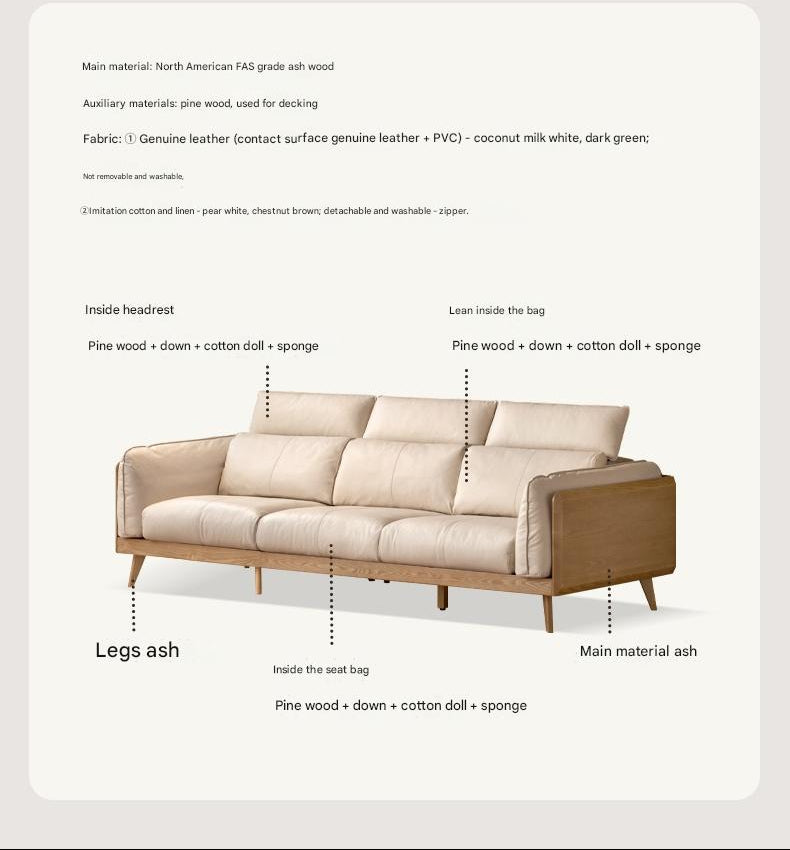 Ash Solid Wood Sofa Genuine leather, fabric High-Back Design