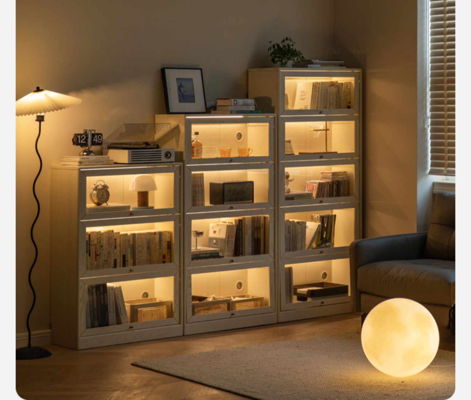 Oak Solid Wood Bookcase Cream Flip Door Glass Display Cabinet