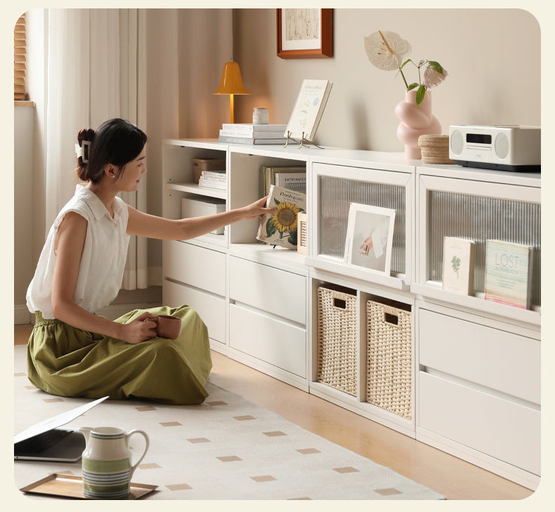 Poplar Solid Wood TV Cabinet Floor Cabinet Cream Style,