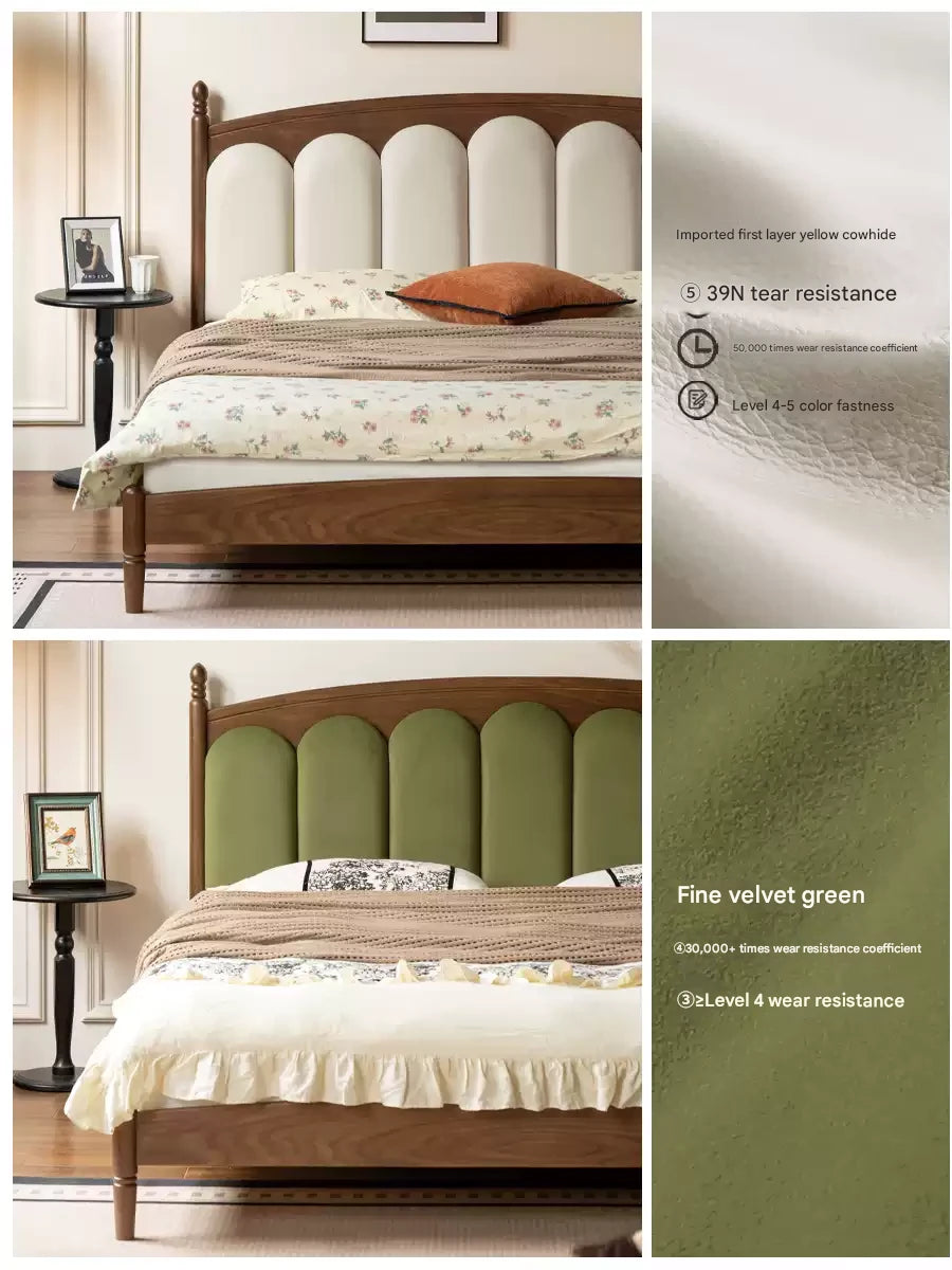 Black Walnut, Oak Solid Wood French Style Leather Bed with Retro Soft Headboard