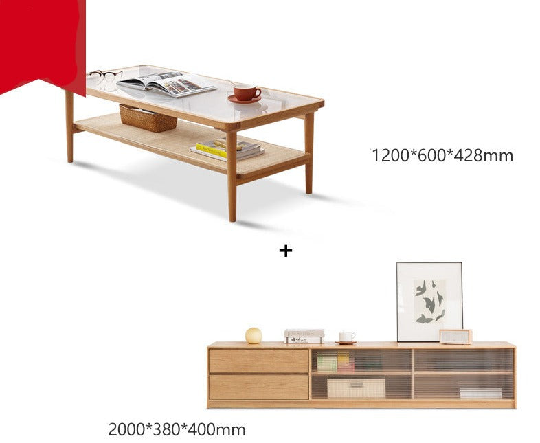 Coffee table tempered glass, rattan Oak solid wood"