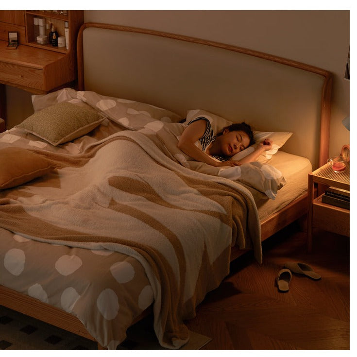 Oak Solid Wood Genuine Leather, Tech Fabric Bed