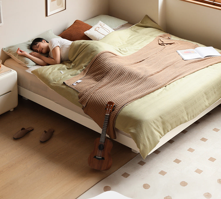 Rubberwood Solid Wood White Cream Platform Bed, Headboard-Free Bed