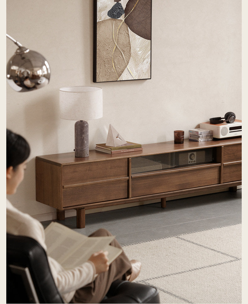 Black Walnut Solid Wood Luxury Style TV Cabinet with Slab Top and Storage