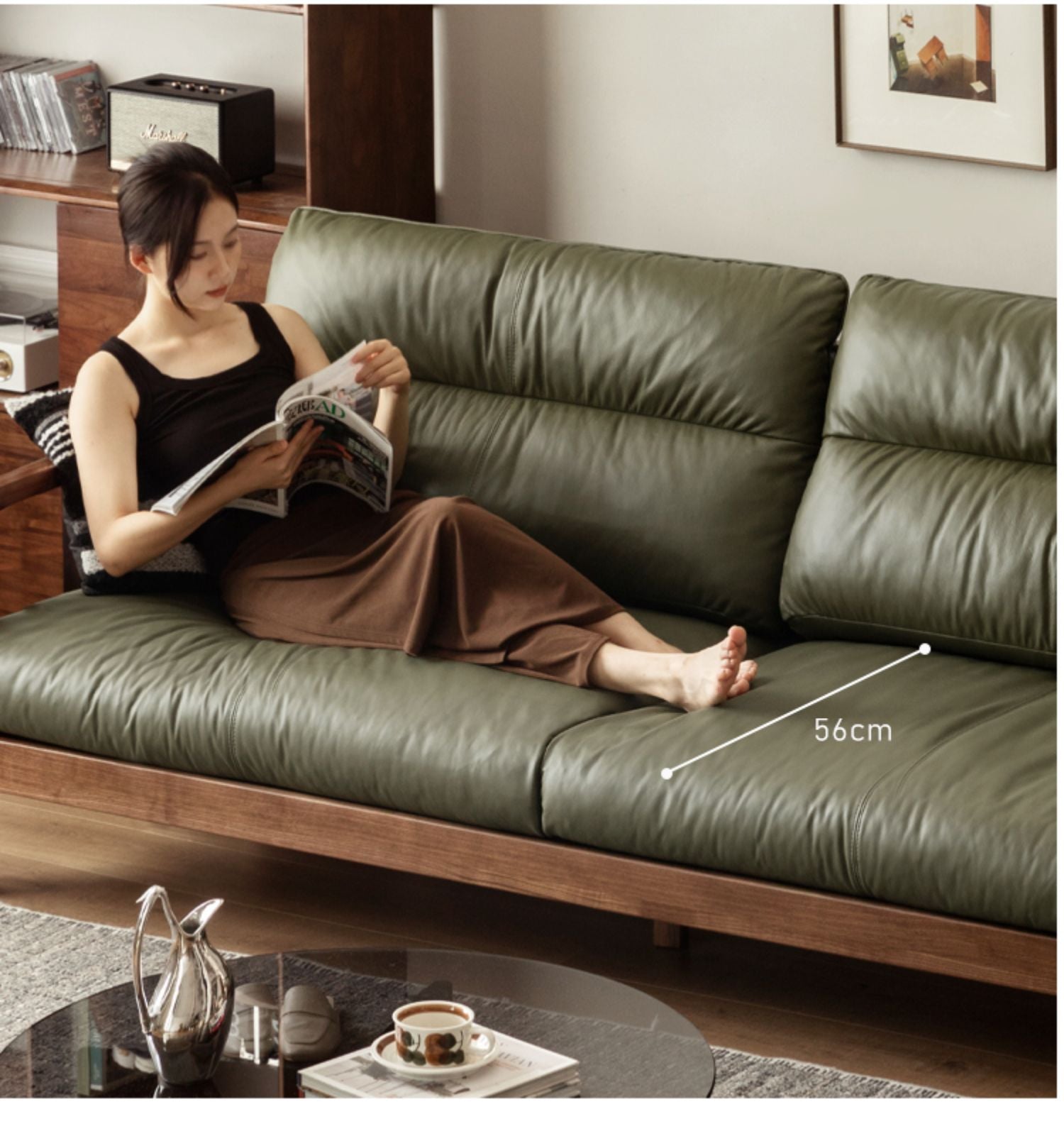 Black Walnut Solid Wood Light Luxury Leather Sofa.