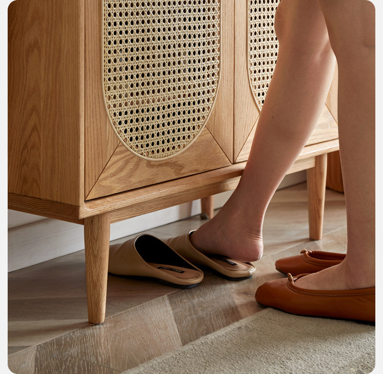 Oak Solid Wood Rattan Shoe Cabinet