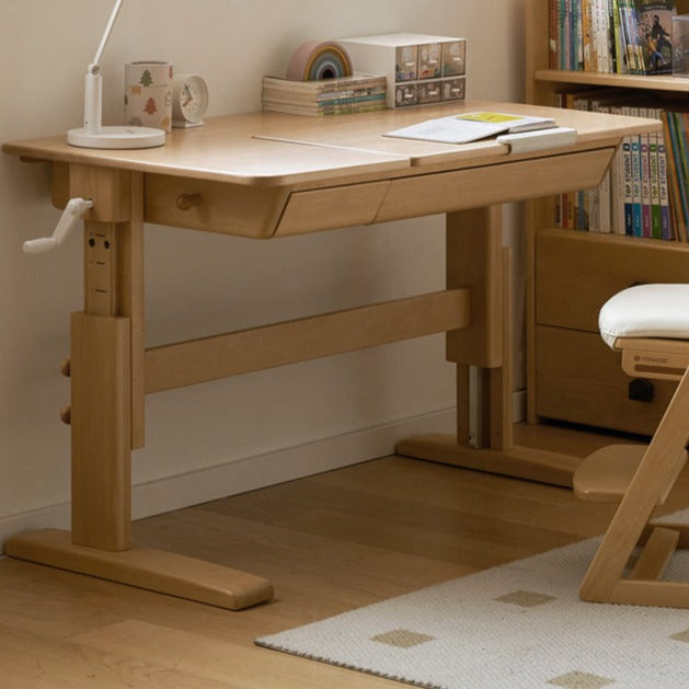 Beech Solid Wood Lifting Kids Table With Self/Chair/High Shelf