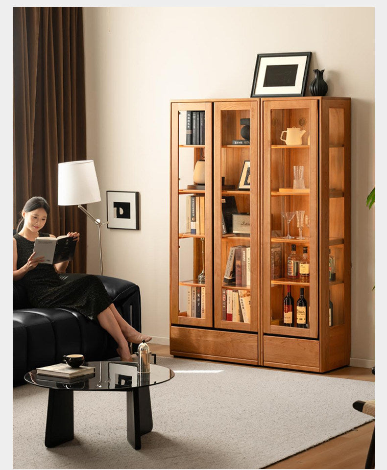Cherry Solid Wood Bookcase with Glass Display Cabinets