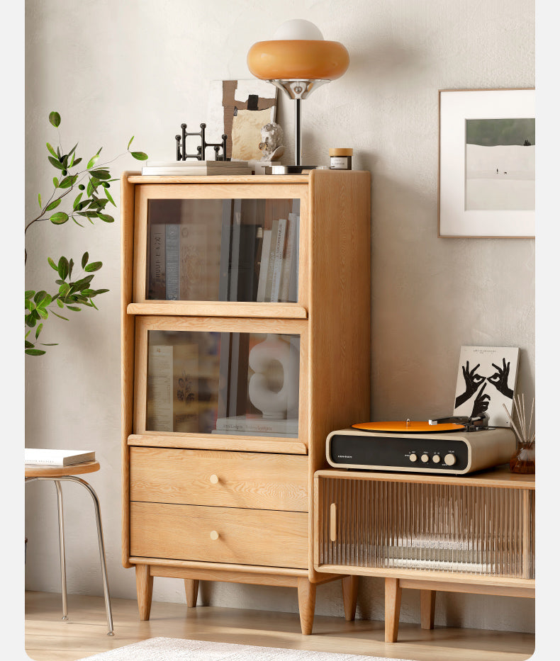 Oak, Ash Solid Wood Flip Door Side Cabinet LED Light