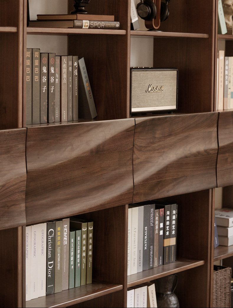 Black Walnut Solid Wood Bookshelf with Combination Storage and Display Shelves