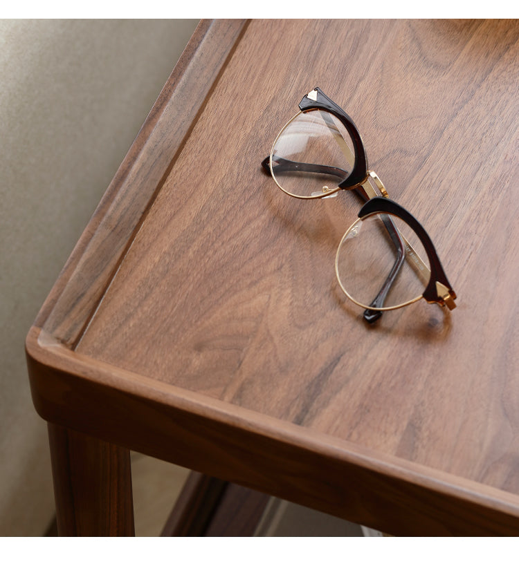 Black Walnut Solid Wood Side Table, Double Layer Storage Shelf