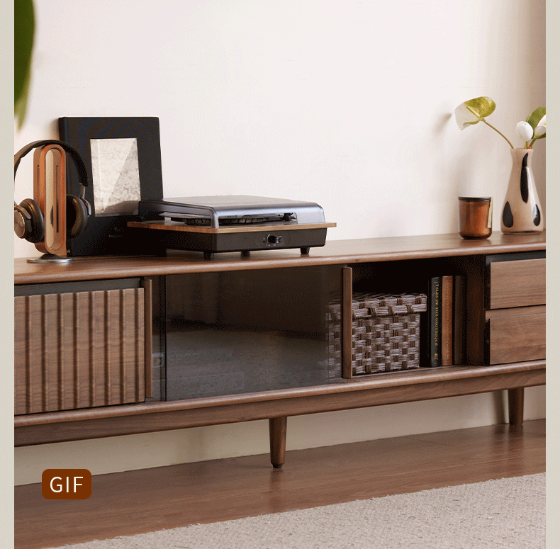 Black Walnut Solid Wood Italian Light Luxury Sliding Door TV Cabinet