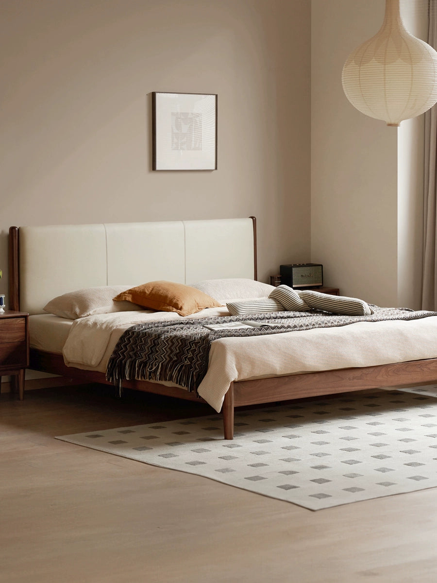 Oak,Black Walnut Solid Wood Top-Grain Cowhide Leather Bed