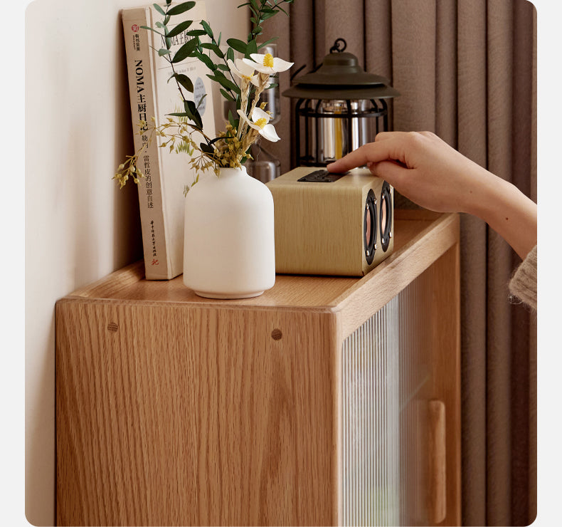 Oak, Cherry Solid Wood Desktop Locker Storage Cabinet Glass Sliding Door