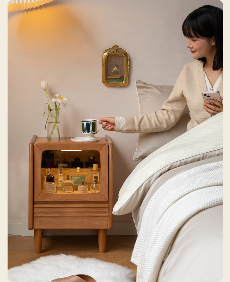 Cherry Solid Wood Art Retro Nightstand with Light Glass